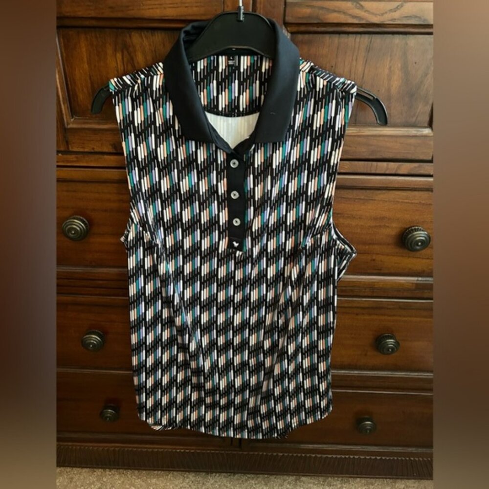 NWOT Bad Birdie Geometric Shapes Black Multicolor Sleeveless Golf Polo, Size L